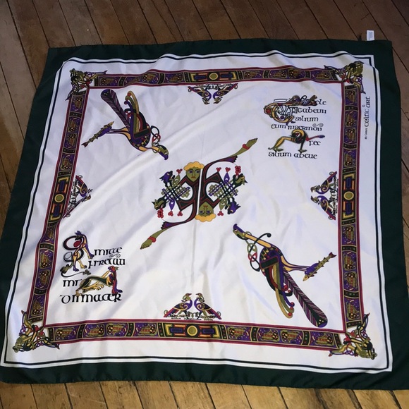 Accessories - Celtic Art‎ Silk-Feel Ornate Bird Print Scarf in White & Green